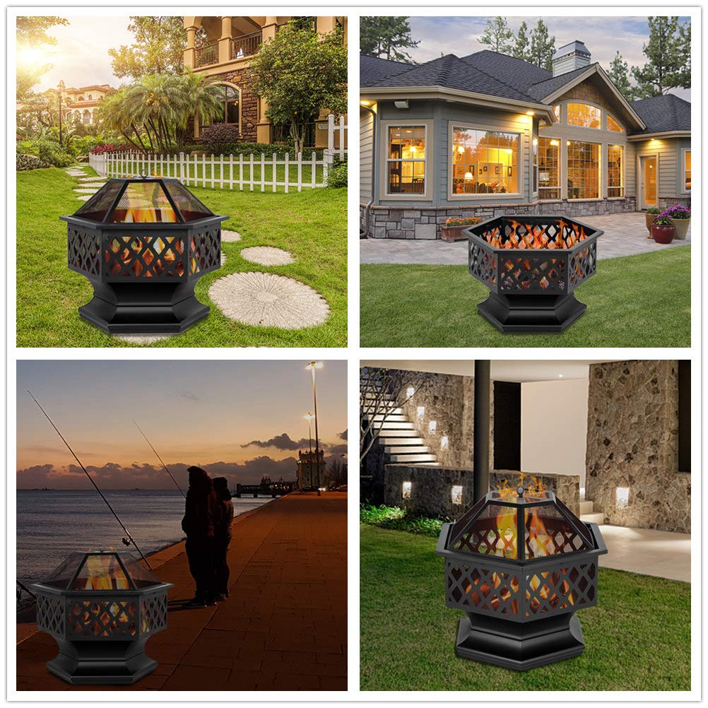 Fire Pits 27in Hexagonal Metal Fire Bowl Outdoor Firepit Backyard Patio Wood Burning