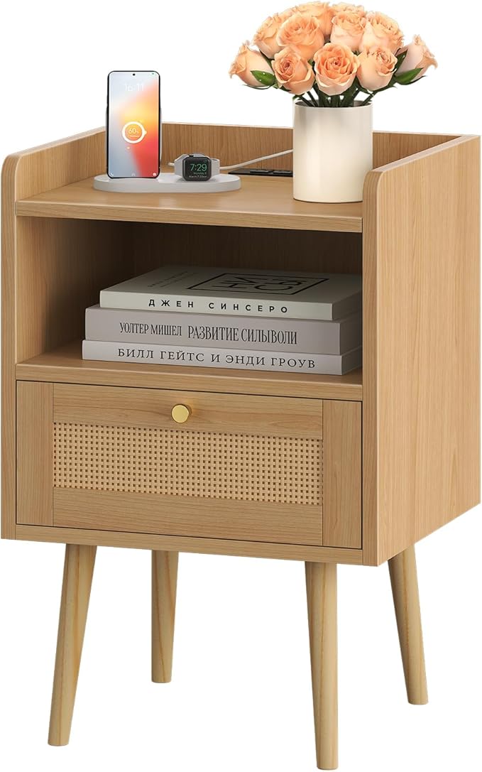 Night Stand Set of 2, Bedside Tables with Charging Station