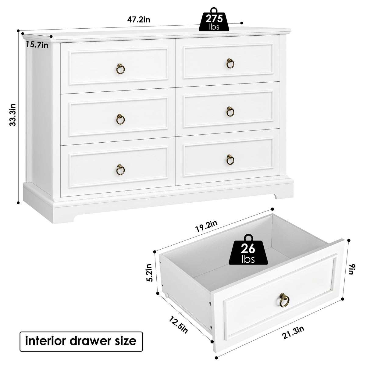 HOSTACK 6 Drawers Dresser for Bedroom, White Dressers & Chests of Drawers, 47.2" Wide Wood Double Dresser, Modern Farmhouse Storage Dressers, 6 Drawer Chest for Living Room, Entryway, Hallway