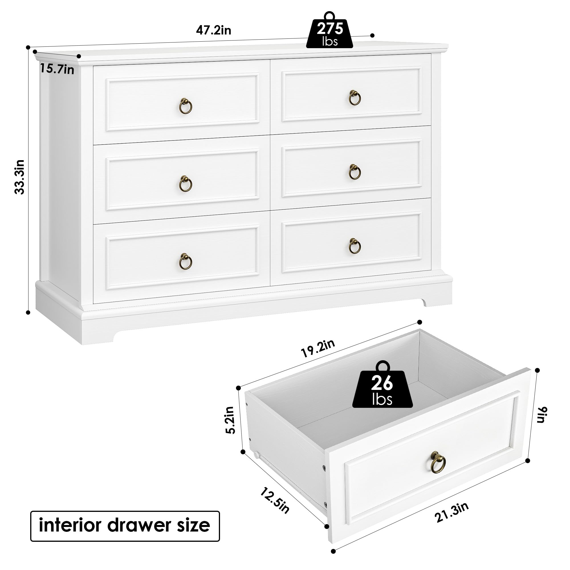 HOSTACK 6 Drawers Dresser for Bedroom, White Dressers & Chests of Drawers, 47.2" Wide Wood Double Dresser, Modern Farmhouse Storage Dressers, 6 Drawer Chest for Living Room, Entryway, Hallway