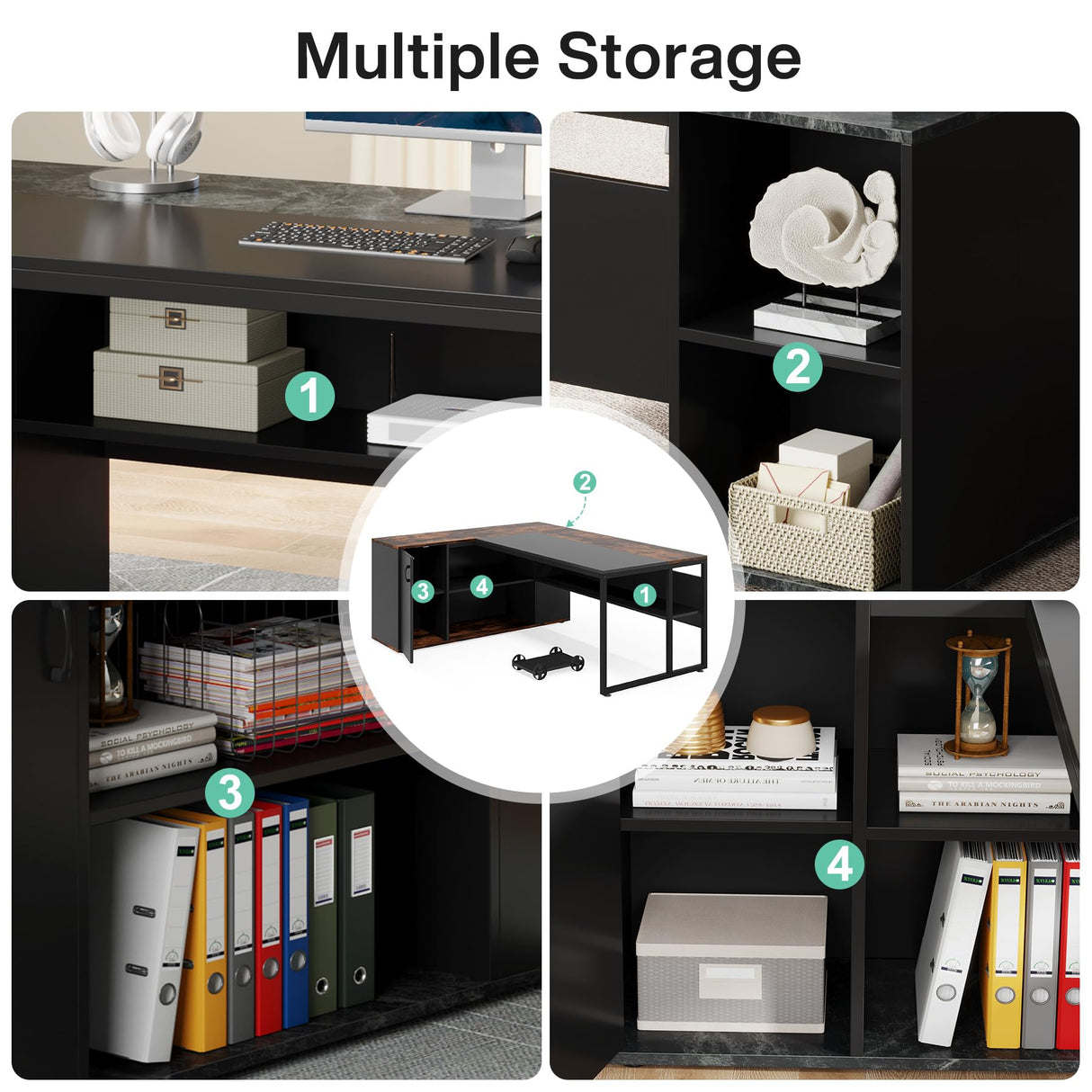 Office Desk with Drawers, 55 Inch L-Shaped Computer Desk with Storage Shelves