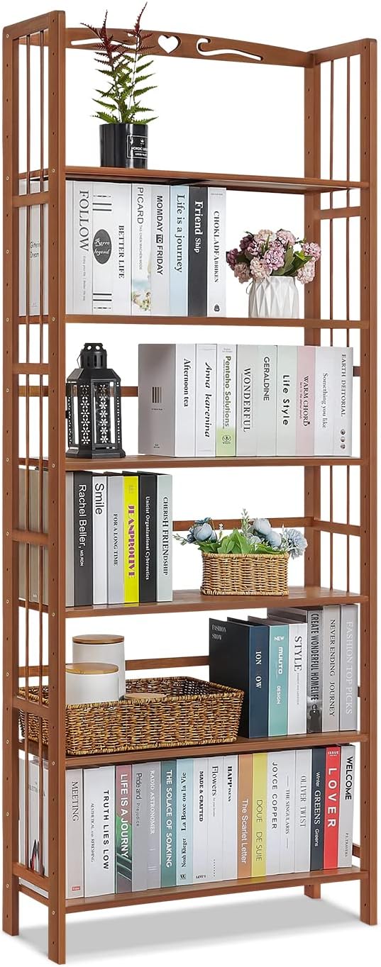 Tall 6 Tier Bookshelf, Bamboo Multifunction Free-Standing Narrow Storage Bookcase Display Shelf in Living Romm Home Office, Natural