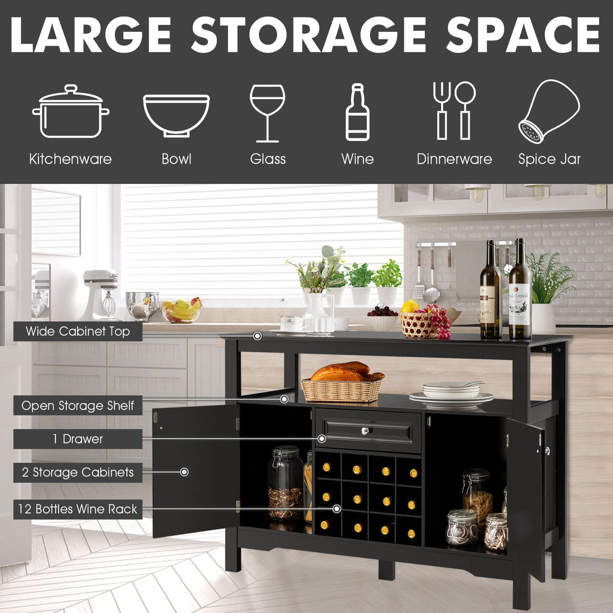 Sideboard, Farmhouse Buffet Storage Cabinet, 12 Wine Bottle Rack Large Drawer, Wood