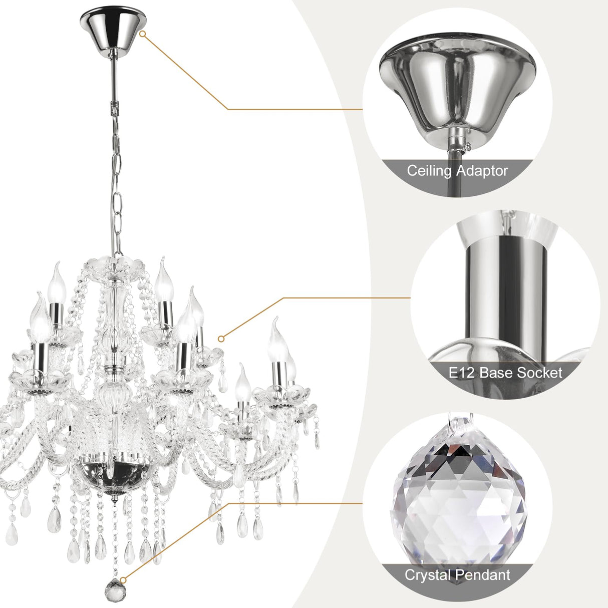 Modern Elegant 8 Lights K9 Crystal Glass Chandelier Silver Pendant Ceiling Lighting