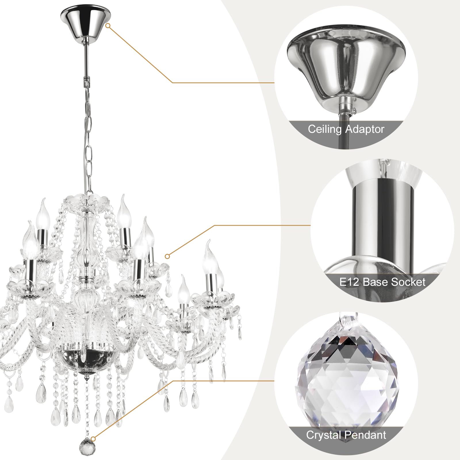 Modern Elegant 8 Lights K9 Crystal Glass Chandelier Silver Pendant Ceiling Lighting