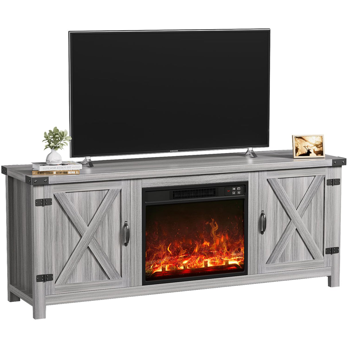 Fireplace TV Stand with Two Barn Doors and Storage Cabinets for Televisions up to 65