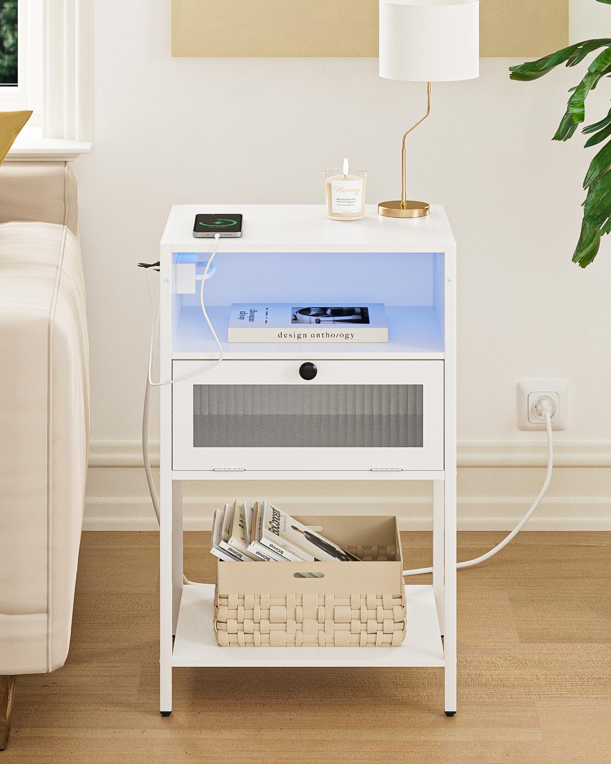 Nightstand with Charging Station and LED Lights, Bedside Table with Storage, Modern