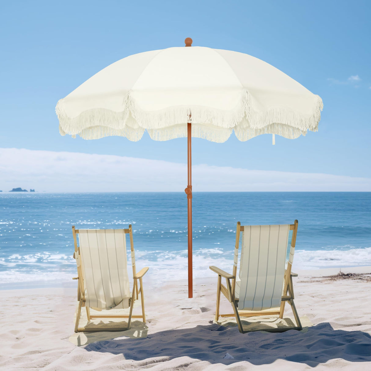 7ft Beach Umbrella with Fringe & Sand Anchor, Outdoor Patio Heavy Duty Windproof Portable