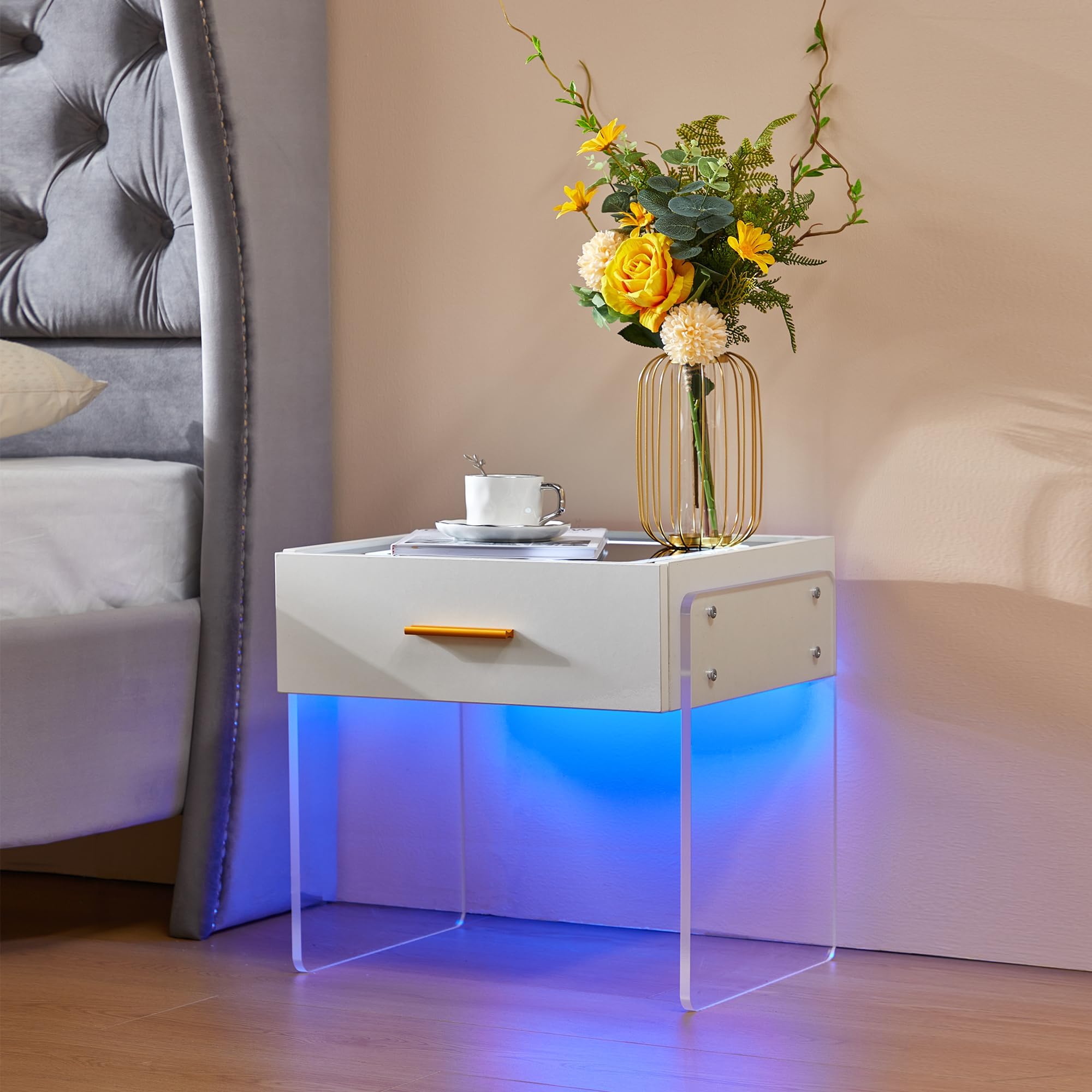 Nightstand, Modern Nightstand with Wireless Charging Station and LED Lights