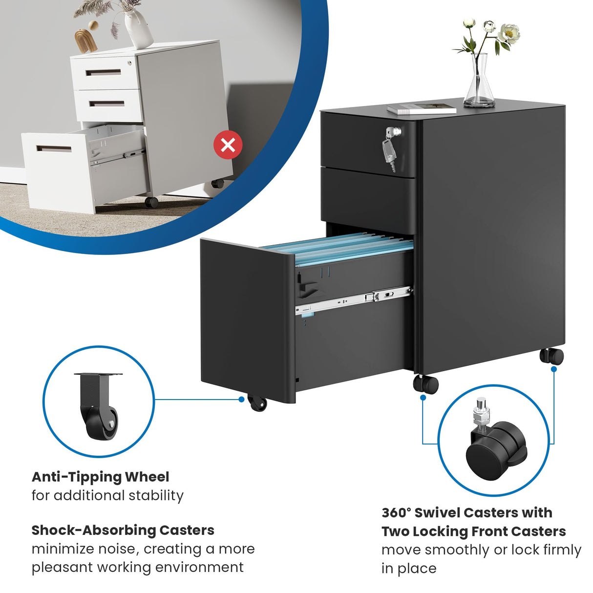 Mobile File Pedestal, File Cabinet with 3 Drawers, Slim Design Under Desk Storage