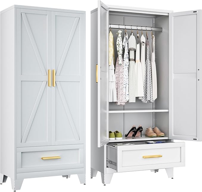 Metal Wardrobe Cabinet,71 Armoire Wardrobe Closet with Drawers and Hanging Rod