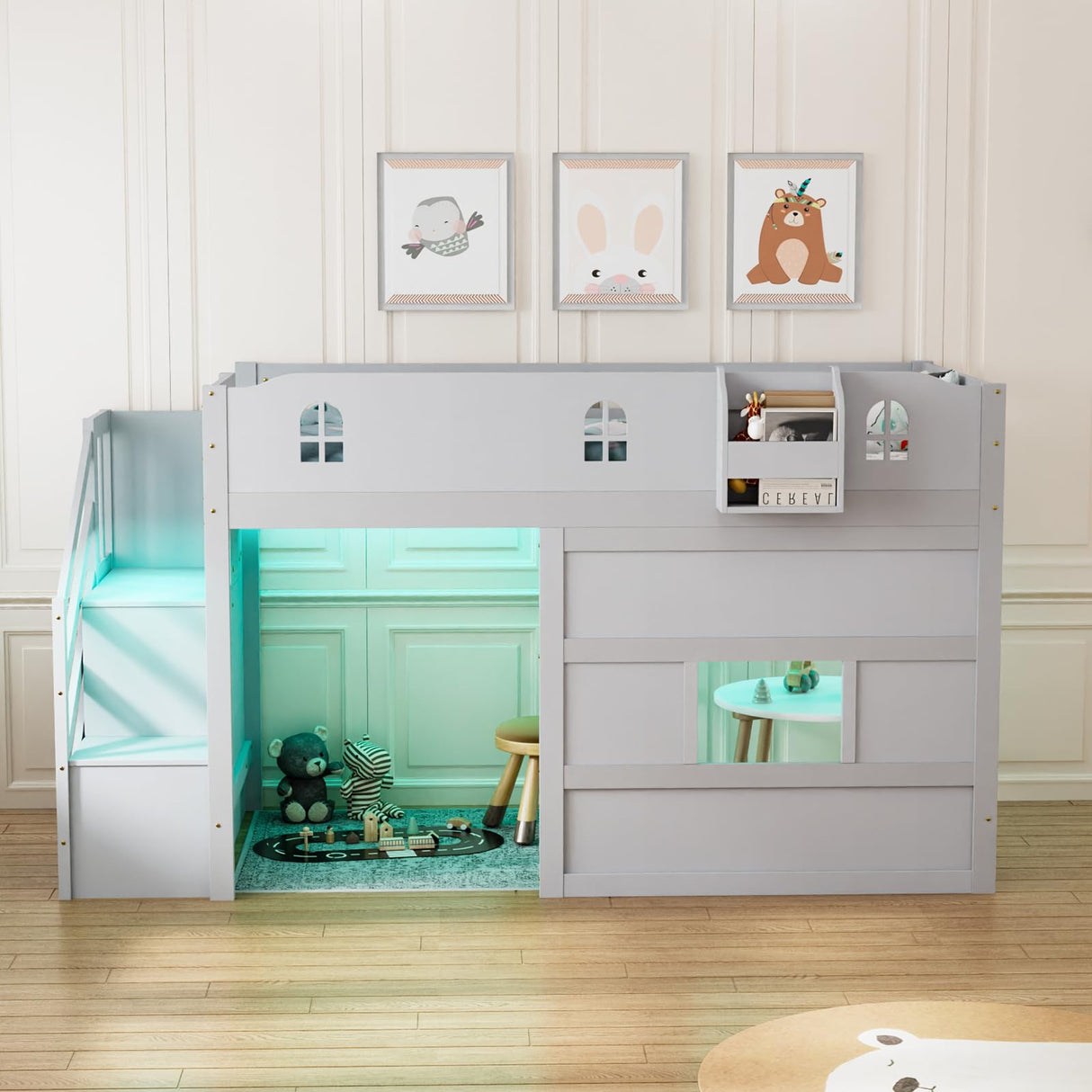 Low Loft Bed with Led Light, Loft Bed Twin Size with Castle Guardrail and Window