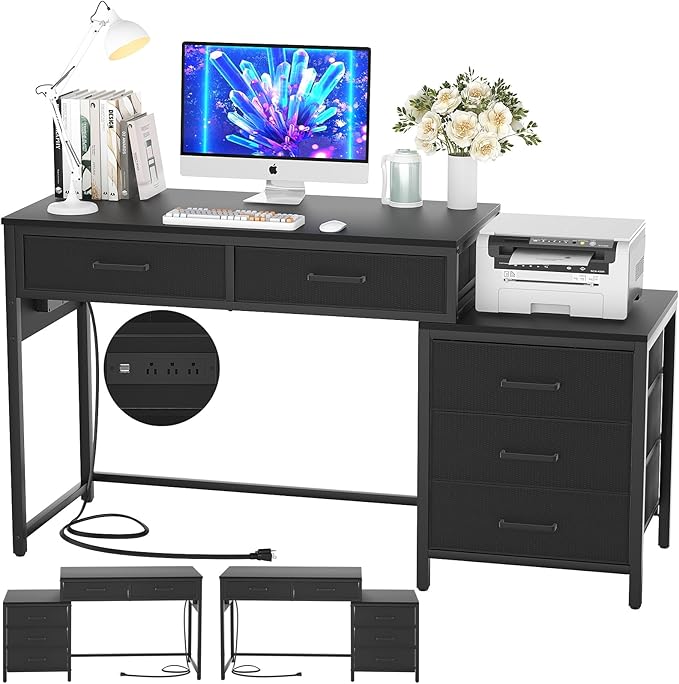 L Shaped Gaming Desk, Large Corner Computer Desk with Power Outlets and USB Ports, Sturdy Home Office Table with Storage Shelf, Attractive Grid Design Writing Desk, Black Oak