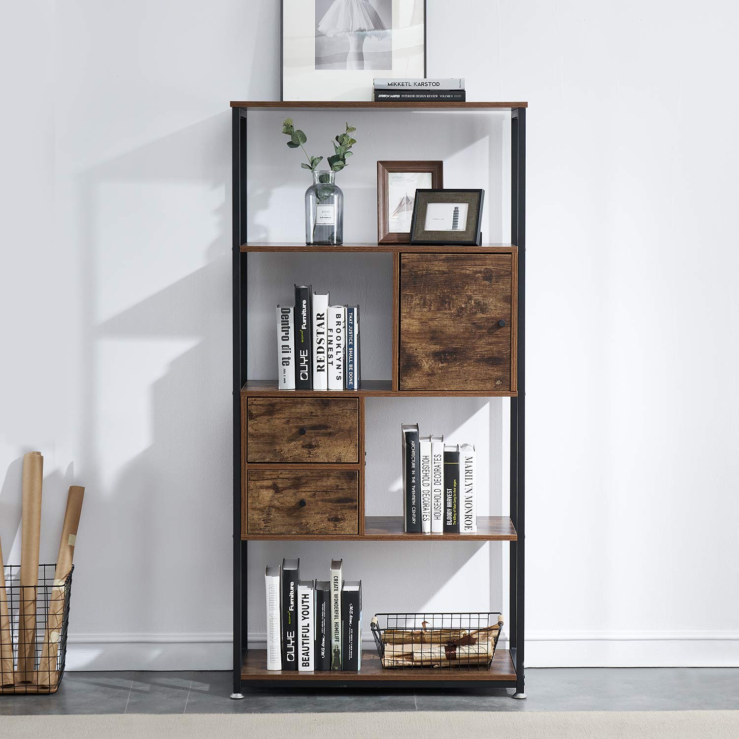 Bookshelf/Bookcase,Open Book Shelf with Middle Drawers Storage Organizer for Living