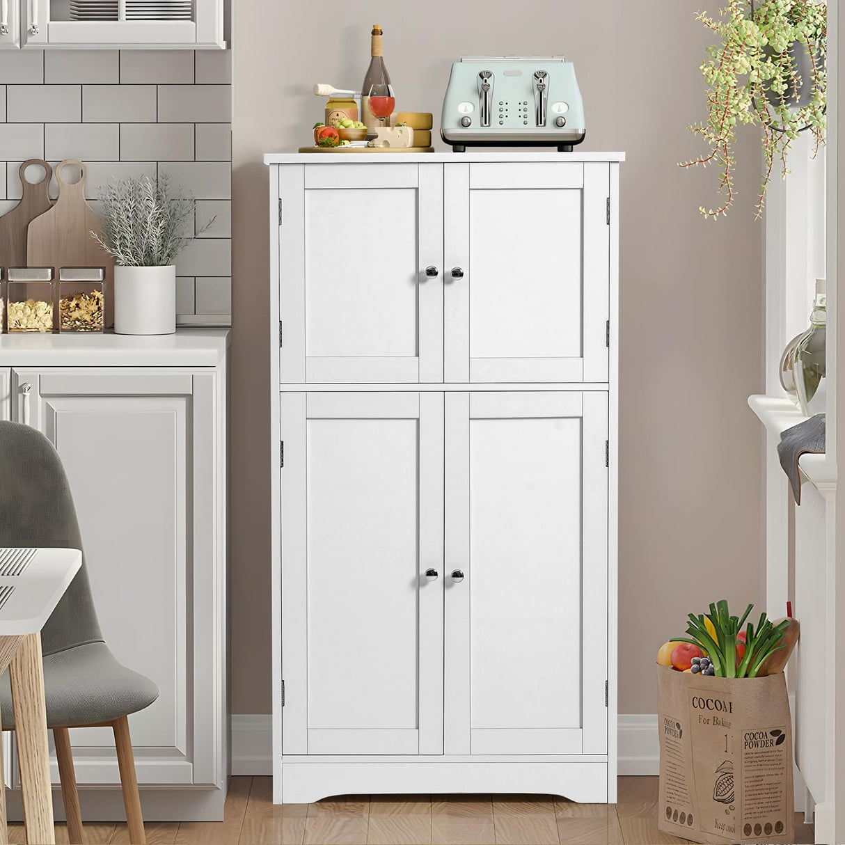 Cabinet, Storage Cabinet with 2 Adjustable Shelves, Bathroom Floor Cabinet with 4 Doors,