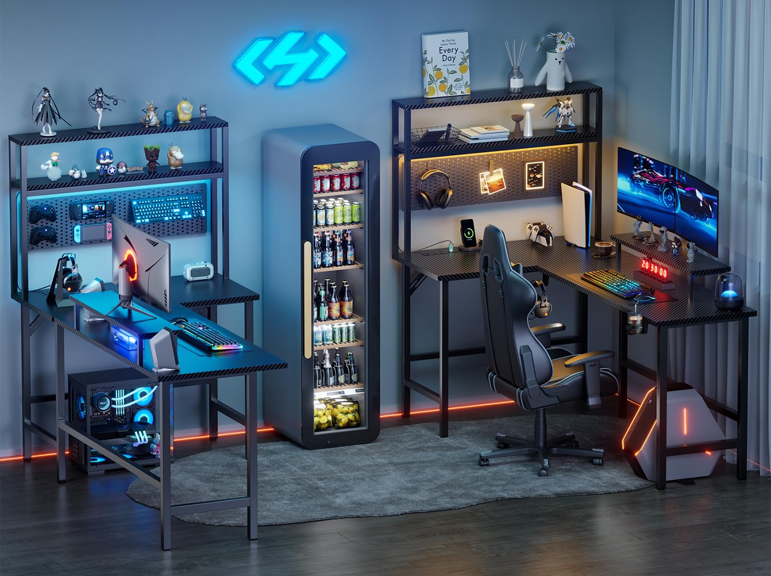 L Shaped Gaming Desk with LED Light & Power Outlet- 59 Inch Reversible Computer Desk with Shelves and Monitor Stand, Ergonomic Carbon Fiber Corner Desk with Cup Holder & 2 Heaphone Hooks