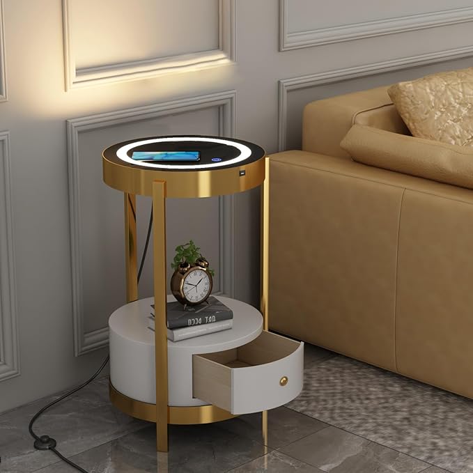 Gold Smart Led Nightstand with White Drawers,14in Sofa Round End Table with USB &