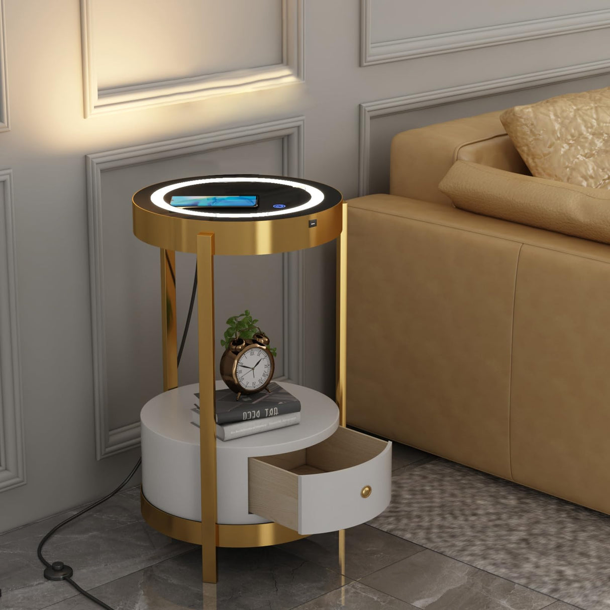 Gold Smart Led Nightstand with White Drawers,14in Sofa Round End Table with USB &