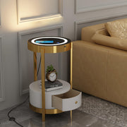 Gold Smart Led Nightstand with White Drawers,14in Sofa Round End Table with USB &