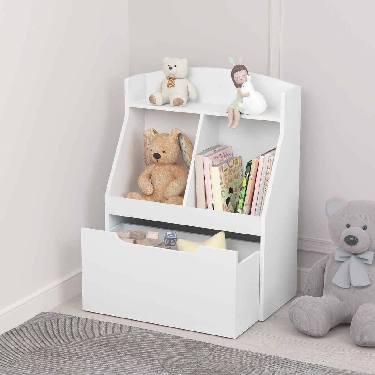 Cabinet Organizer with Drawer and Wheels, Wooden Kids Bookshelf Children's Book