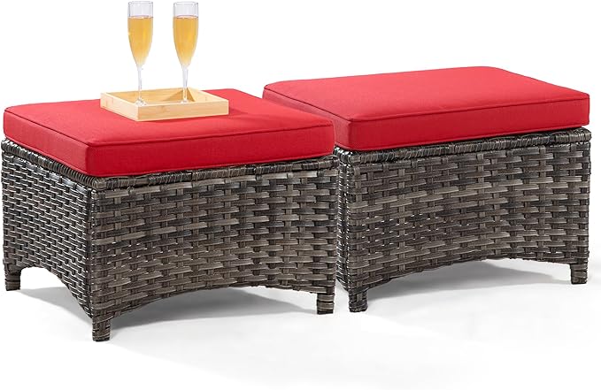 Outdoor Ottomans for Patio Set of 2 PE Wicker Steel Frame Outdoor Footstool