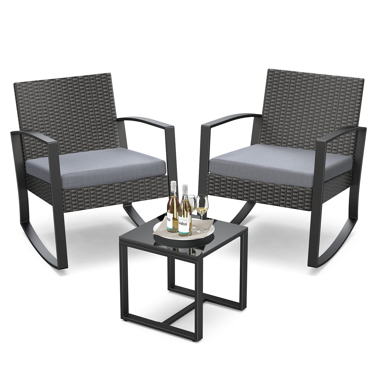 3-Piece Rocking Bistro Set with Coffee Table - Weather-Resistant Rattan Patio Furniture
