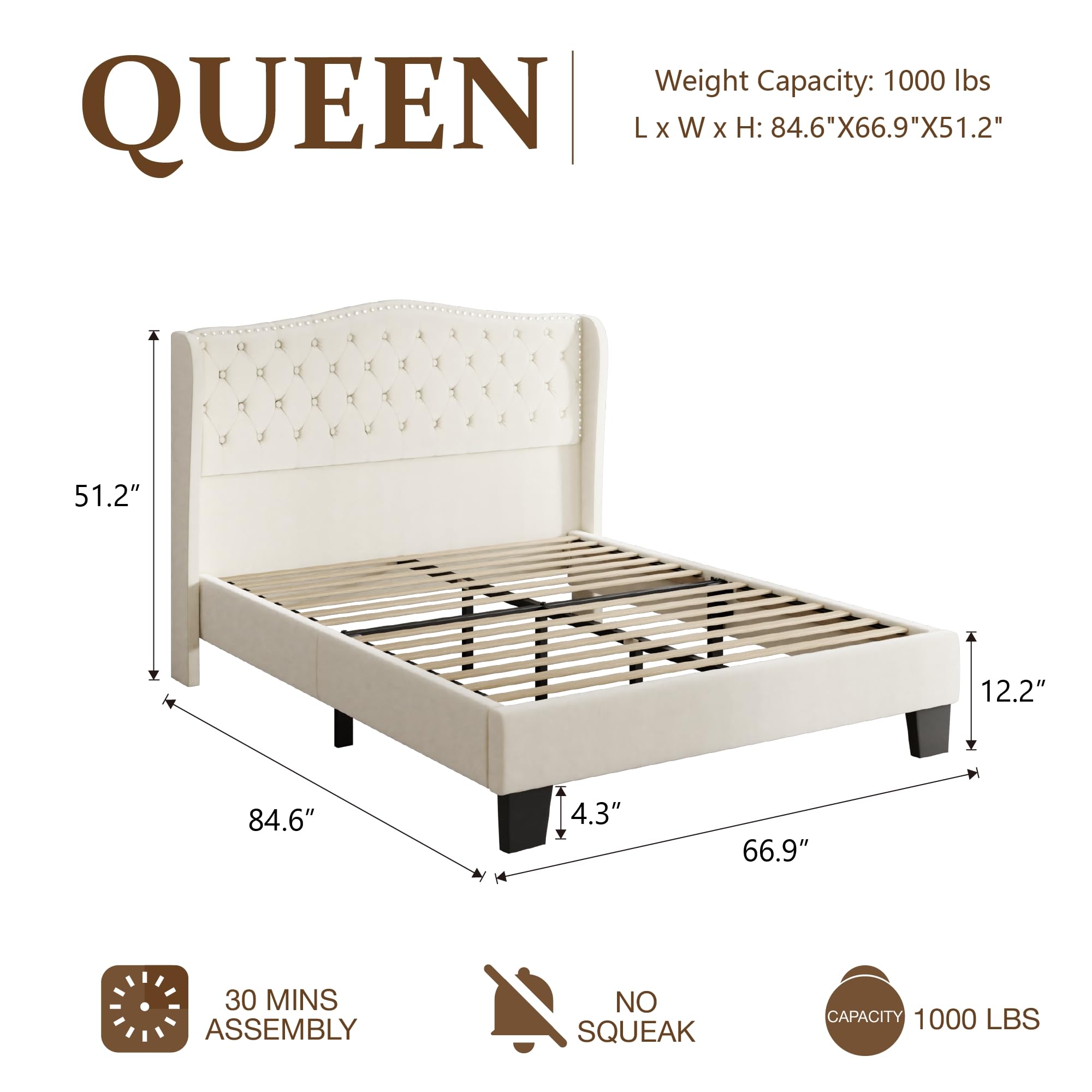 SwnftWinnt Queen Size Upholstered Bed Frame, Velvet Luxury Wingback Headback, Platform Bed with Deep Button Tufted & Nailhead Trim, No Box Spring Needed, Noise Free, Easy Assembly, Beige