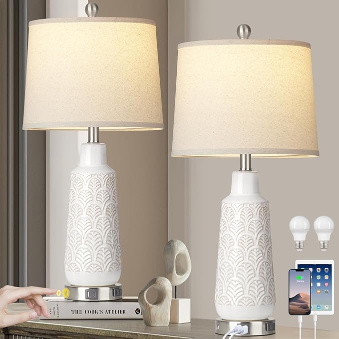 Double Gourd Ceramic Table Lamps Set of 2, Modern White Bedside Lamps for Night Stand