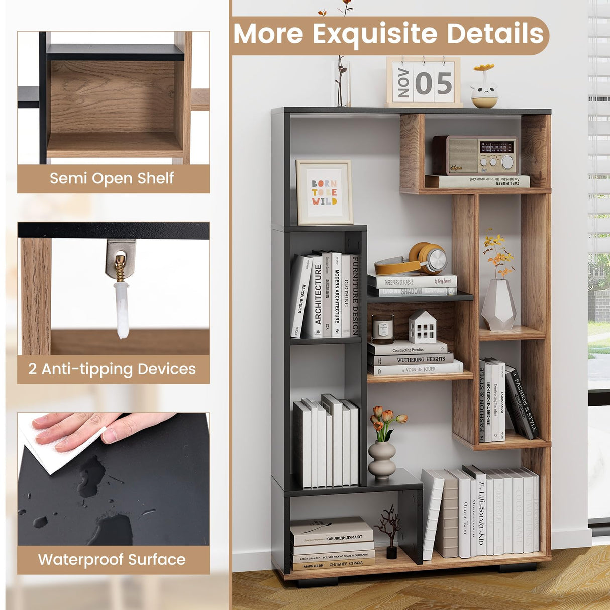 Tangkula Geometric Bookshelf, 47 Inch Tall Bookcase with Multiple Open Shelves, Anti-Tipping Devices, Freestanding 9 Cubes Bookshelf Storage Display for Living Room Study Office (Black, 47")