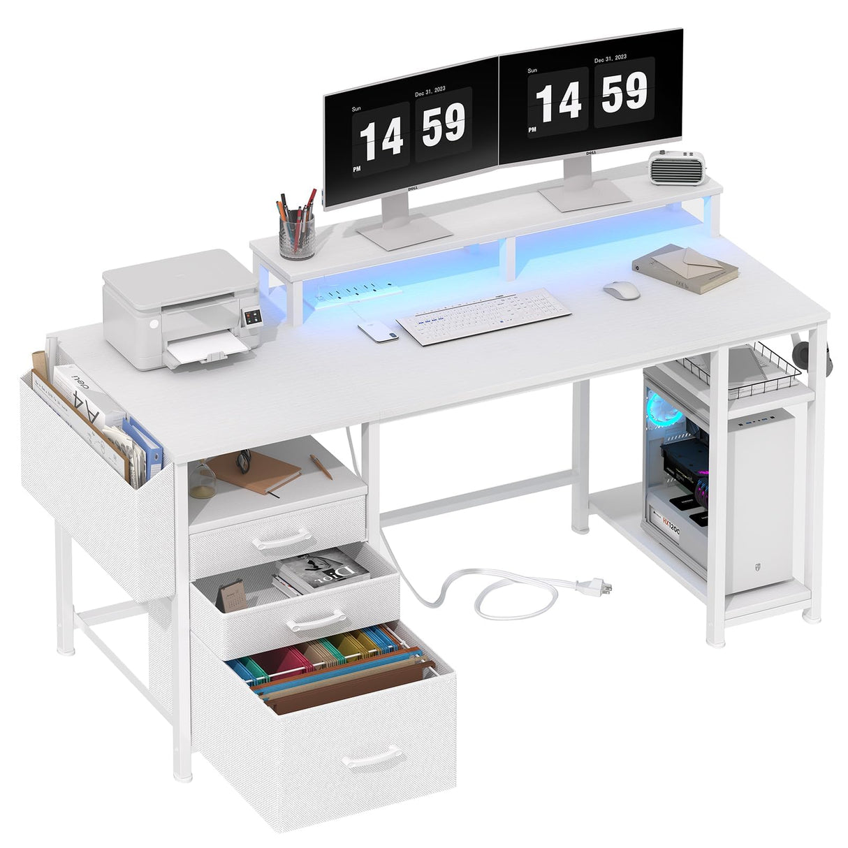 White Computer Desk with File Drawers Cabinet, 55 Inch Home Office Desk