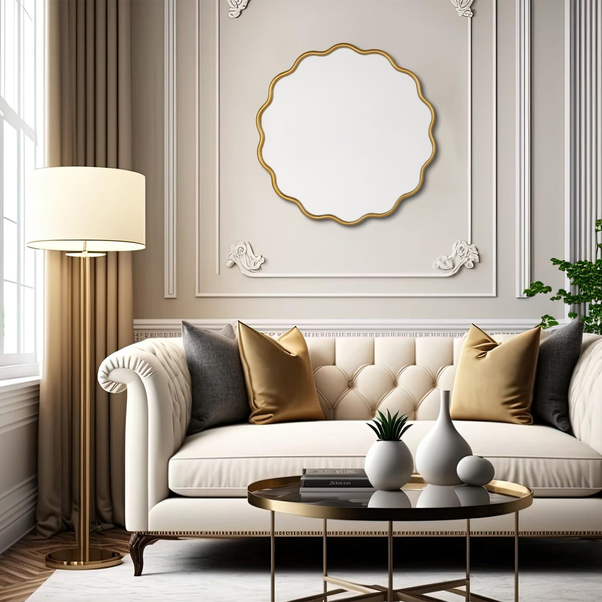 22 Inch Round Wavy Mirror - Modern Gold Wall Decor