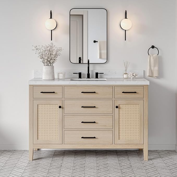 Ariel White Oak Bathroom Vanity – 48" to 72" with Quartz Top & Sink