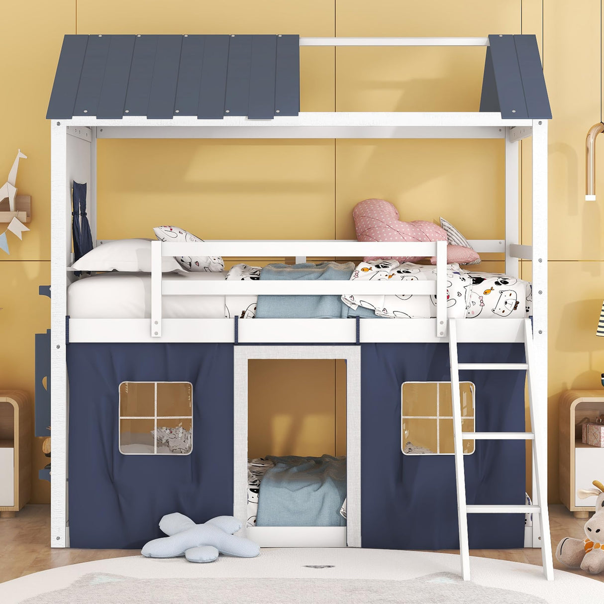 Twin Bunk Wood House Bed with Elegant Windows, Sills and Tent, Blue+White