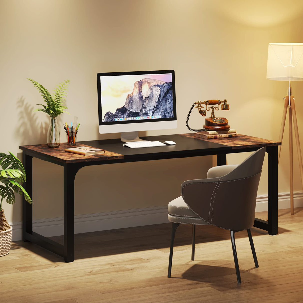 63 Inch Large Executive Computer Office Desk, Brown+Black