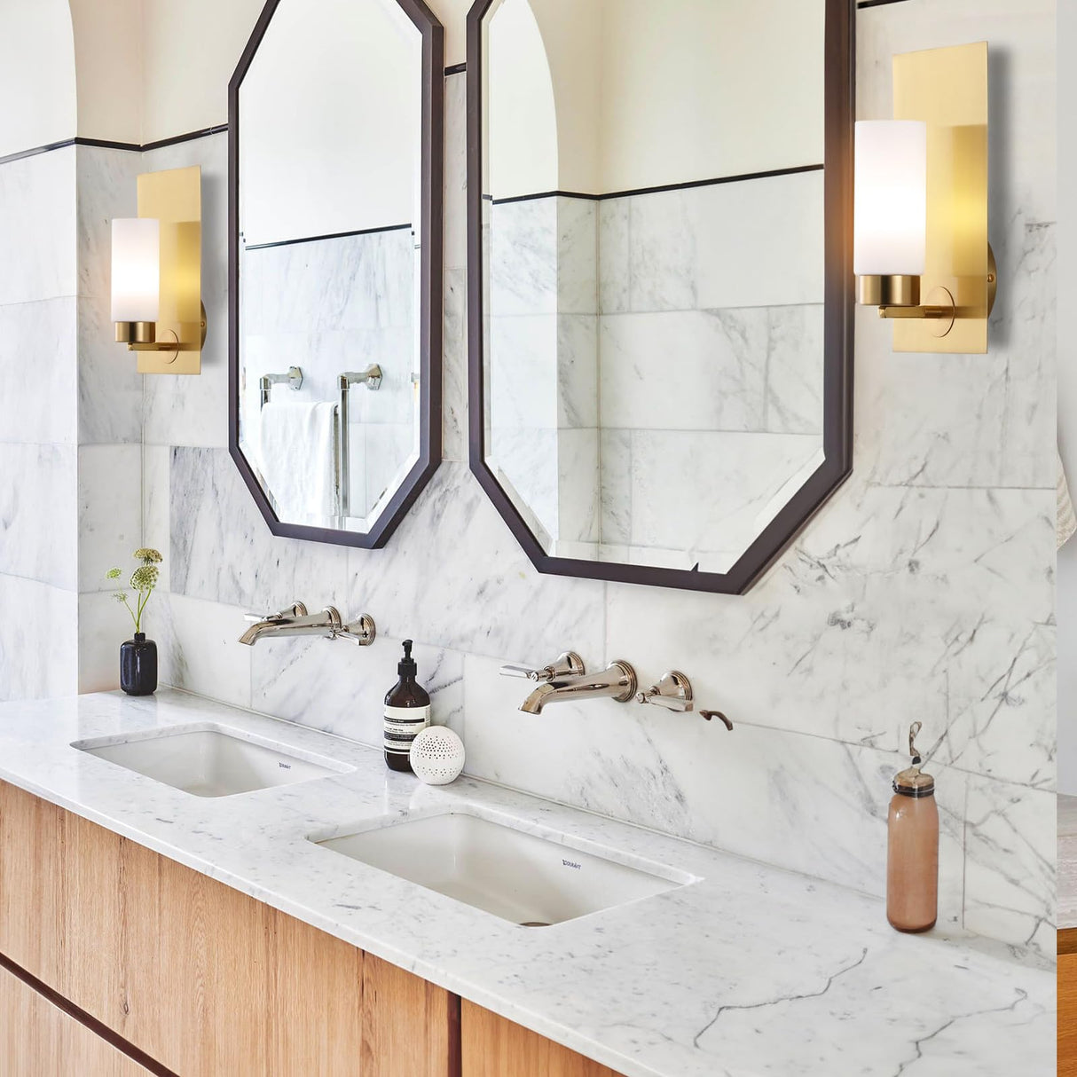 Brushed Brass Gold Wall Sconces Set of Two Modern Mid Century Bathroom Vanity Light