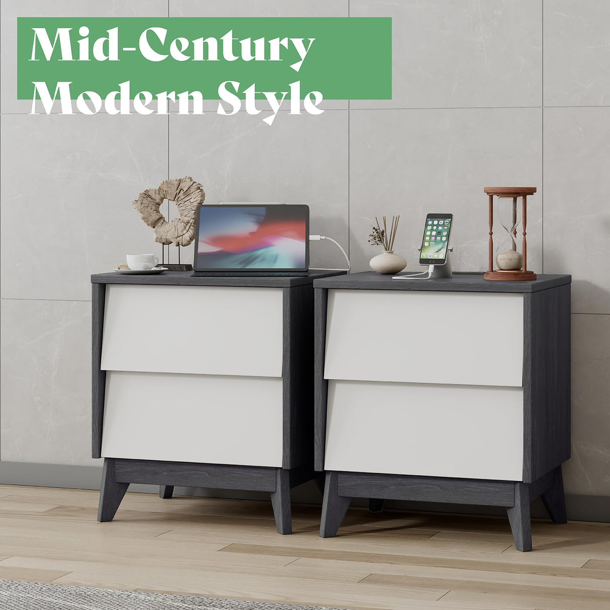 Hasbrick Casual 2 Drawer Nightstand with Wireless Charging and USB Ports,