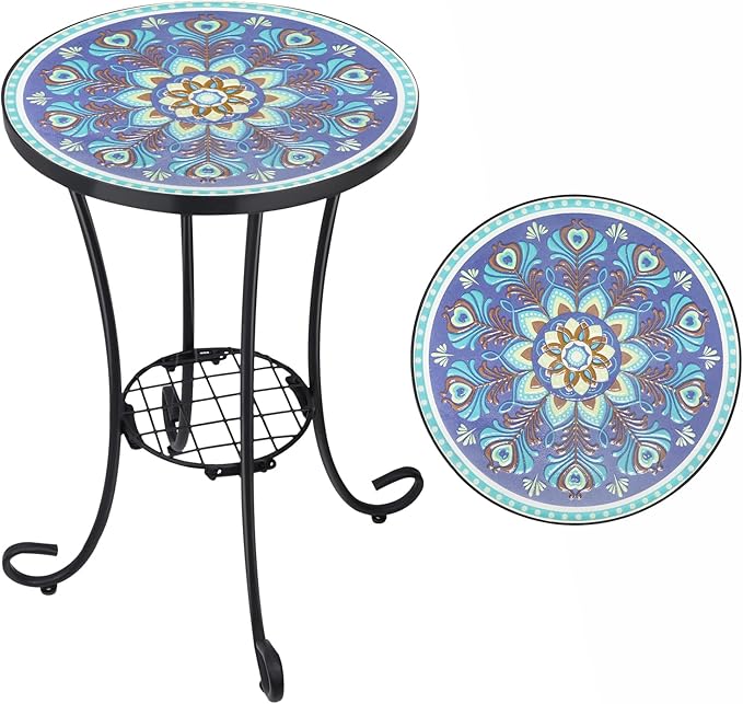 Outdoor Side Table Mosaic Patio Table Accent Tables Mosaic Tile Top Metal Frame Small