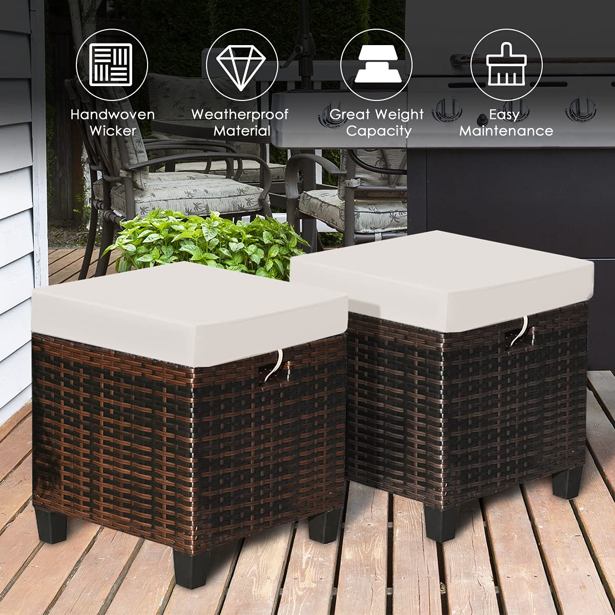 2-Piece Rattan Patio Ottoman, All Weather Wicker Ottoman w/Removable Cushion