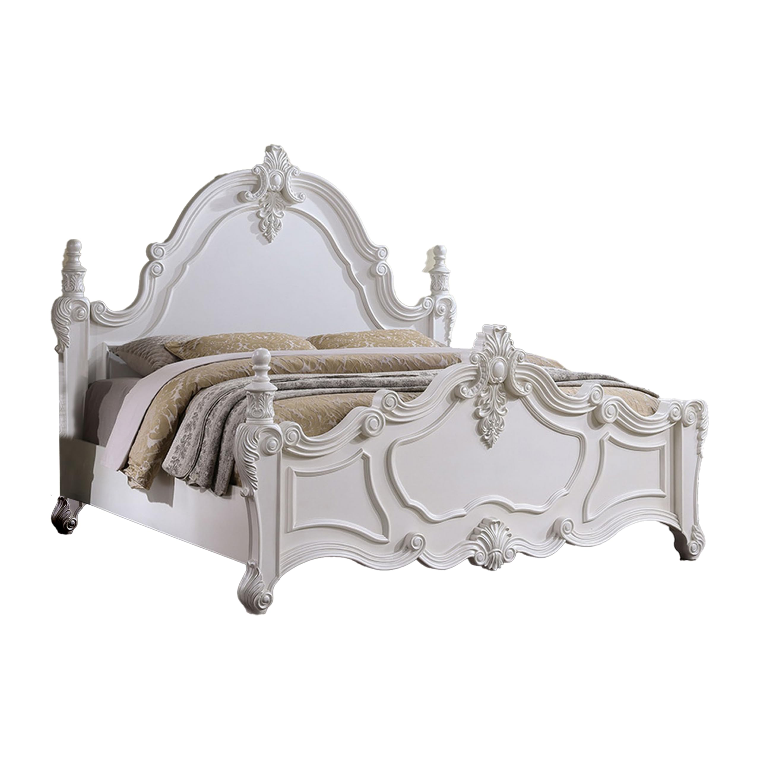 Benjara Frank Queen Size Bed, Carved Details Finial Posts, Classic White Solid Wood