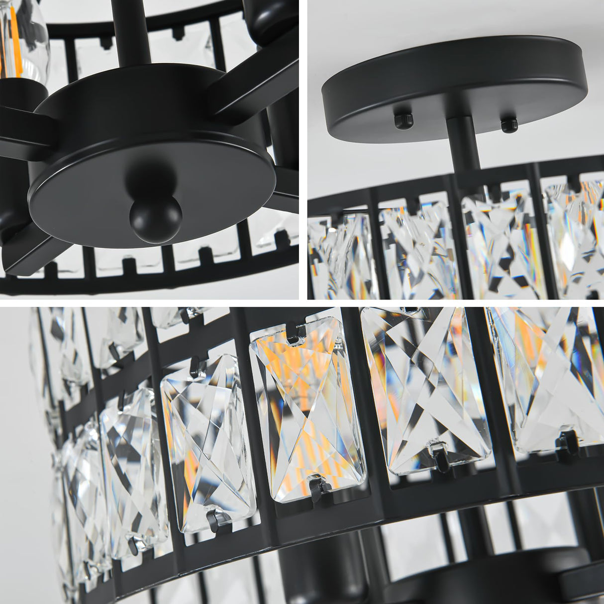 SeeU Modern Crystal Chandelier Black Flush Mount Pendant Lighting 12.6'' Ceiling Light Fixture for Bathroom Bedroom Hallway…