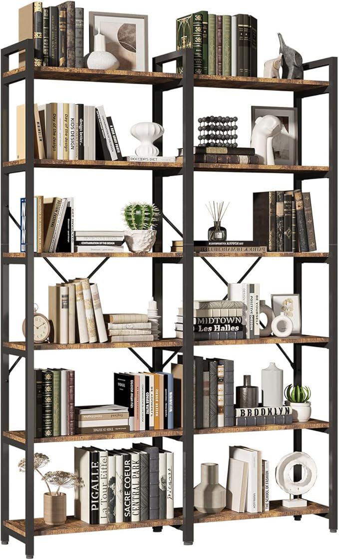 5 Tier, 58.7'' Industrial Wooden Book Shelf with Metal Frame, Large Storage Rack with Open Shelves, Wood Display Bookcase for Home and Office, Rustic Brown