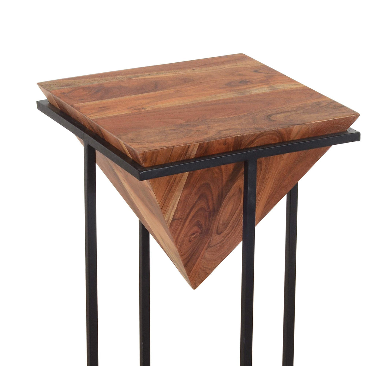 26-Inch Pyramid Shape Wooden Side Table with Cross Metal Base, Brown and Black