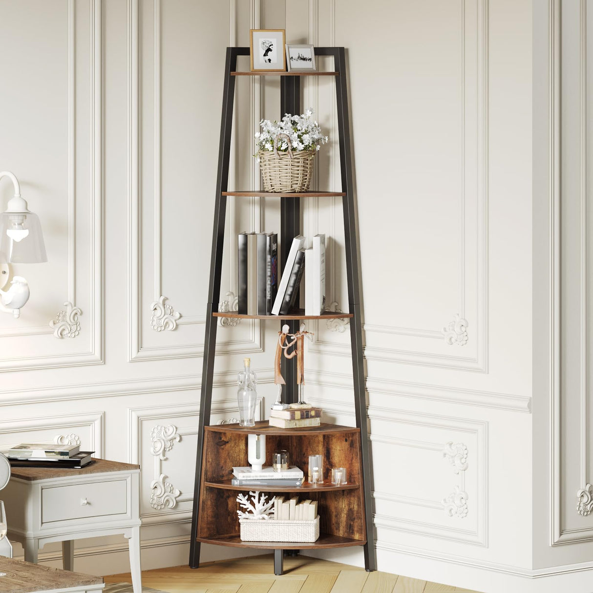 6-Tier Corner Shelf, 67 Inch Tall Corner Shelf Stand, Industrial Ladder Corner Bookshelf,