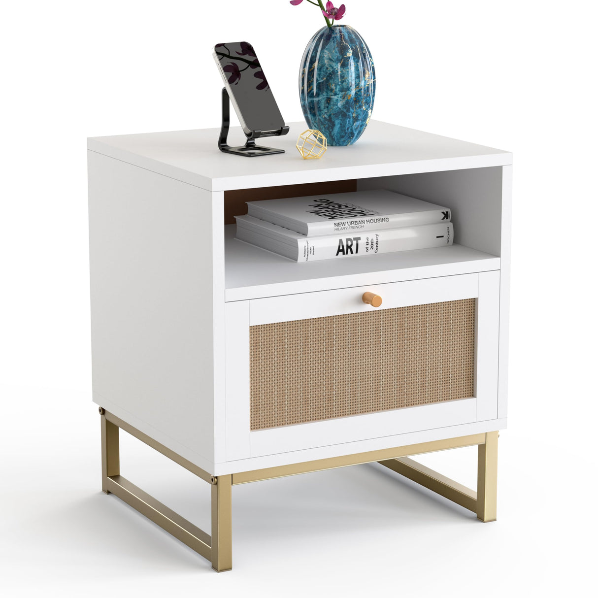 Large Modern Rattan Nightstand | Boho Wood Accent Table with Storage Cabinet | Natural