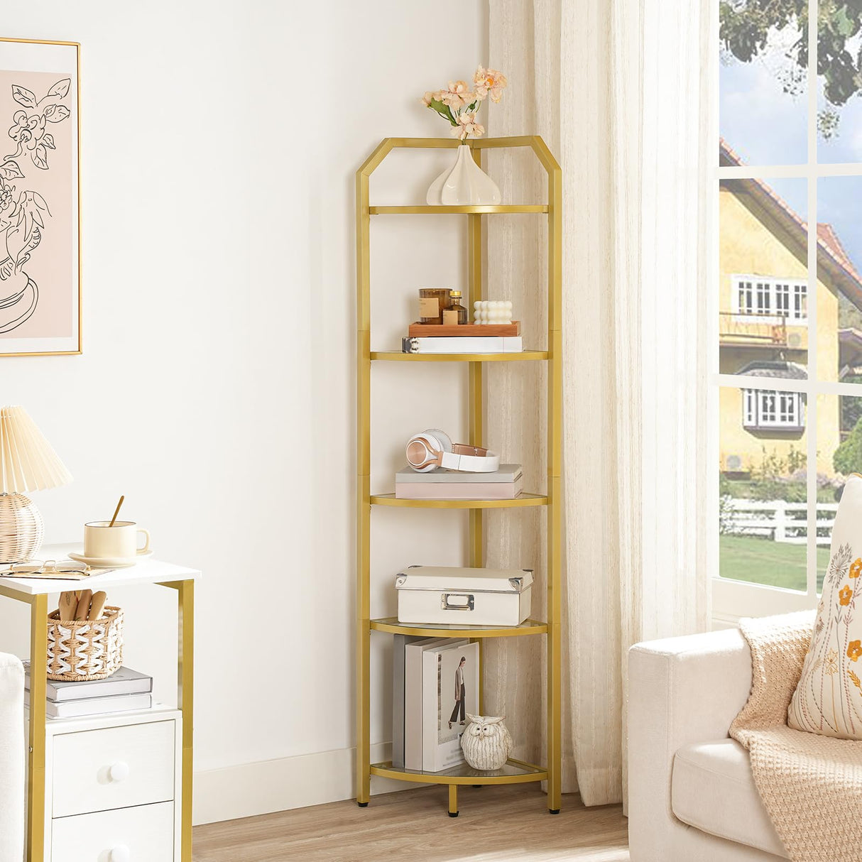 5-Tier Corner Shelf Stand, Gold Corner Bookshelf, Tempered Glass Shelves