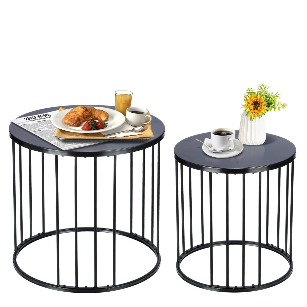 SUNNYPARK Outdoor Side Table Set of 2, Metal Circle Accent End Tables for Balcony Backyard Garden Indoor Living Room, Durable Black Nesting Coffee Tables, 20”+16” Dia - Bircata