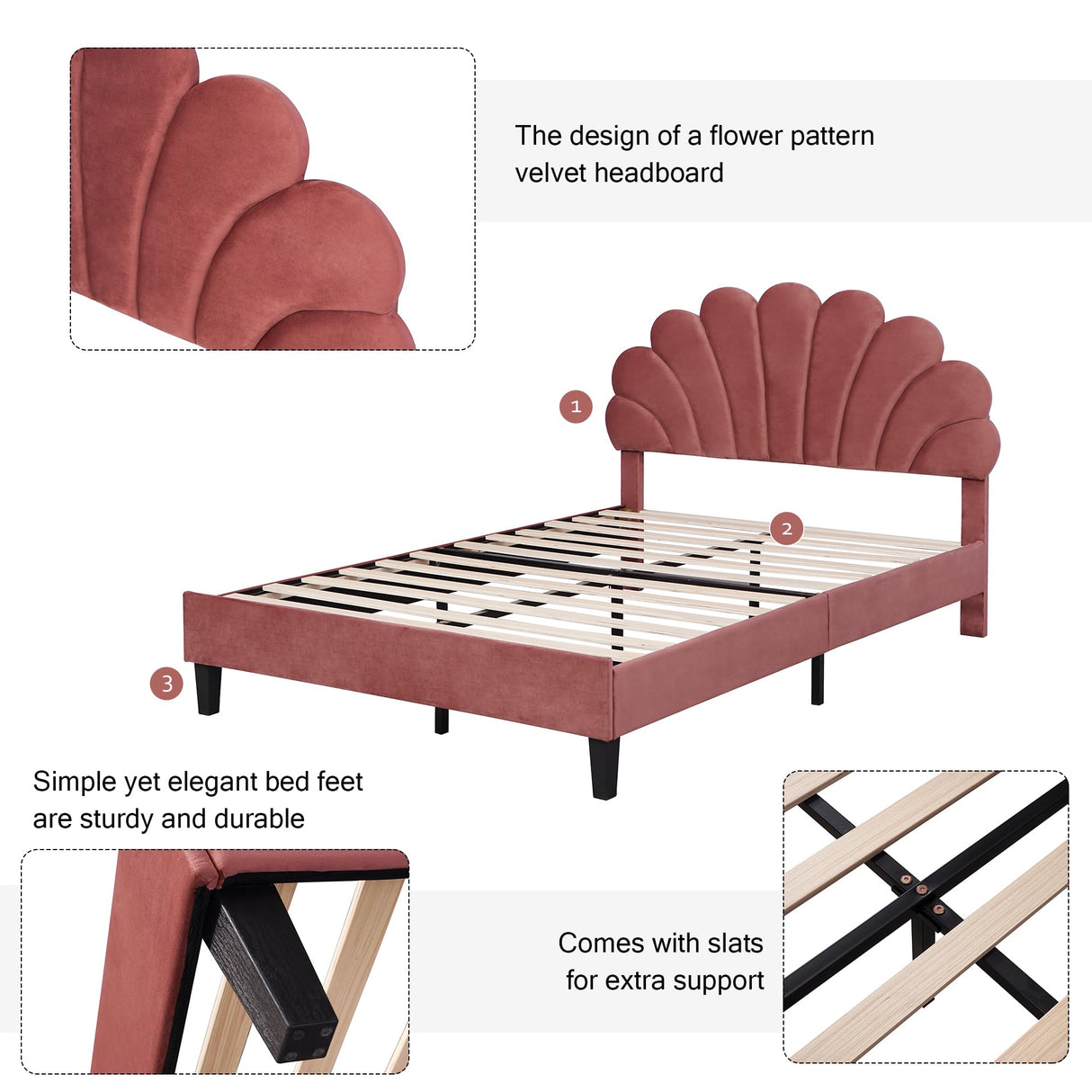 Velvet Upholstered Platform Bed with Flower Pattern Headboard - Queen