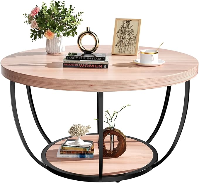 31.5" Round Coffee Table, 2-Tier Coffee Tables for Living Room