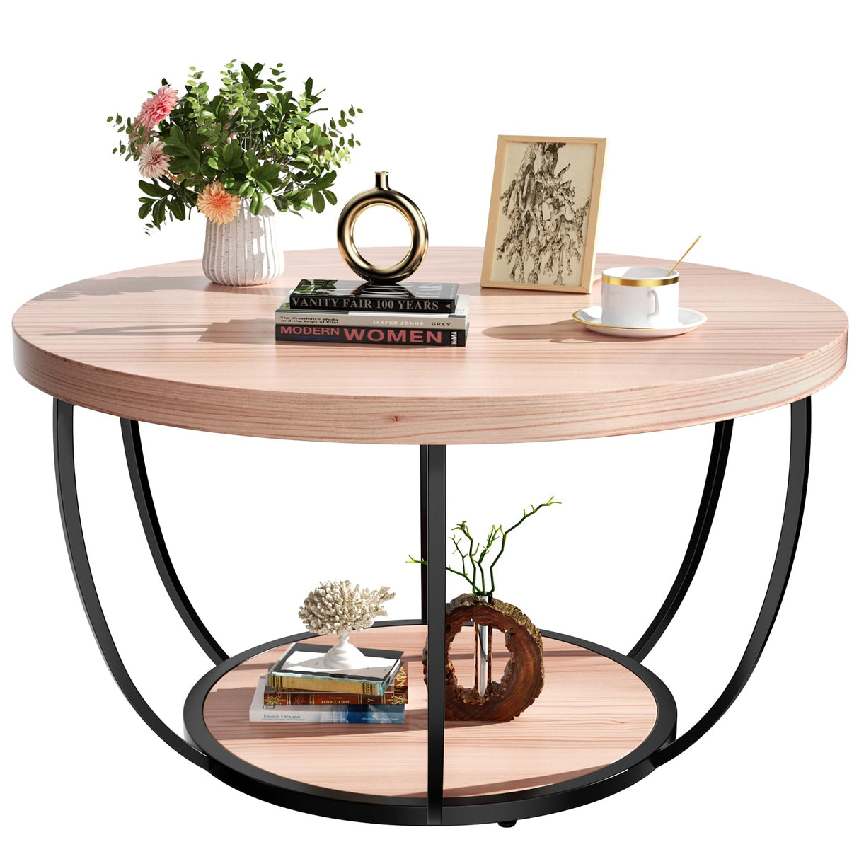 31.5" Round Coffee Table, 2-Tier Coffee Tables for Living Room