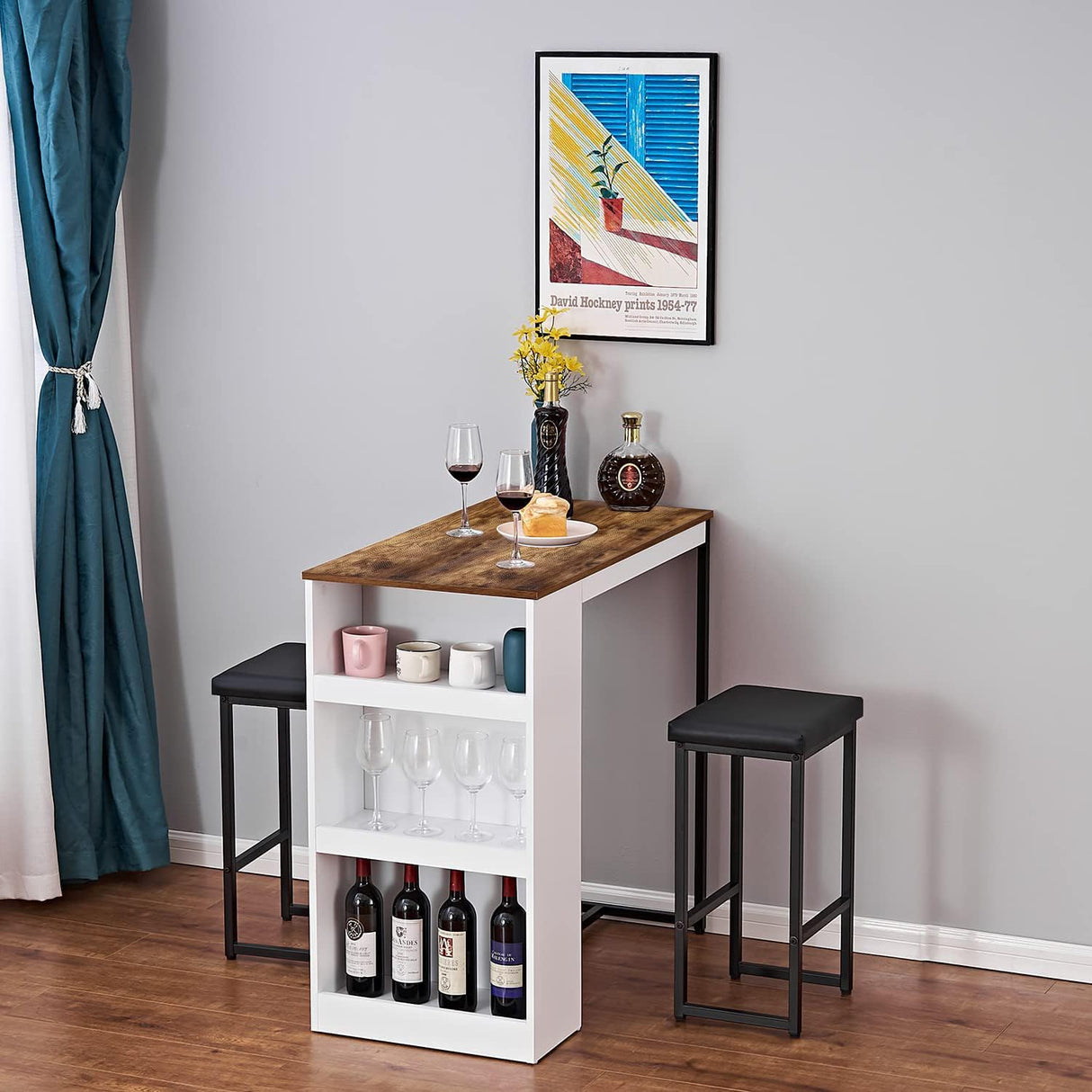 3-Piece Counter Height Dining Table Set with Storage Shelves
